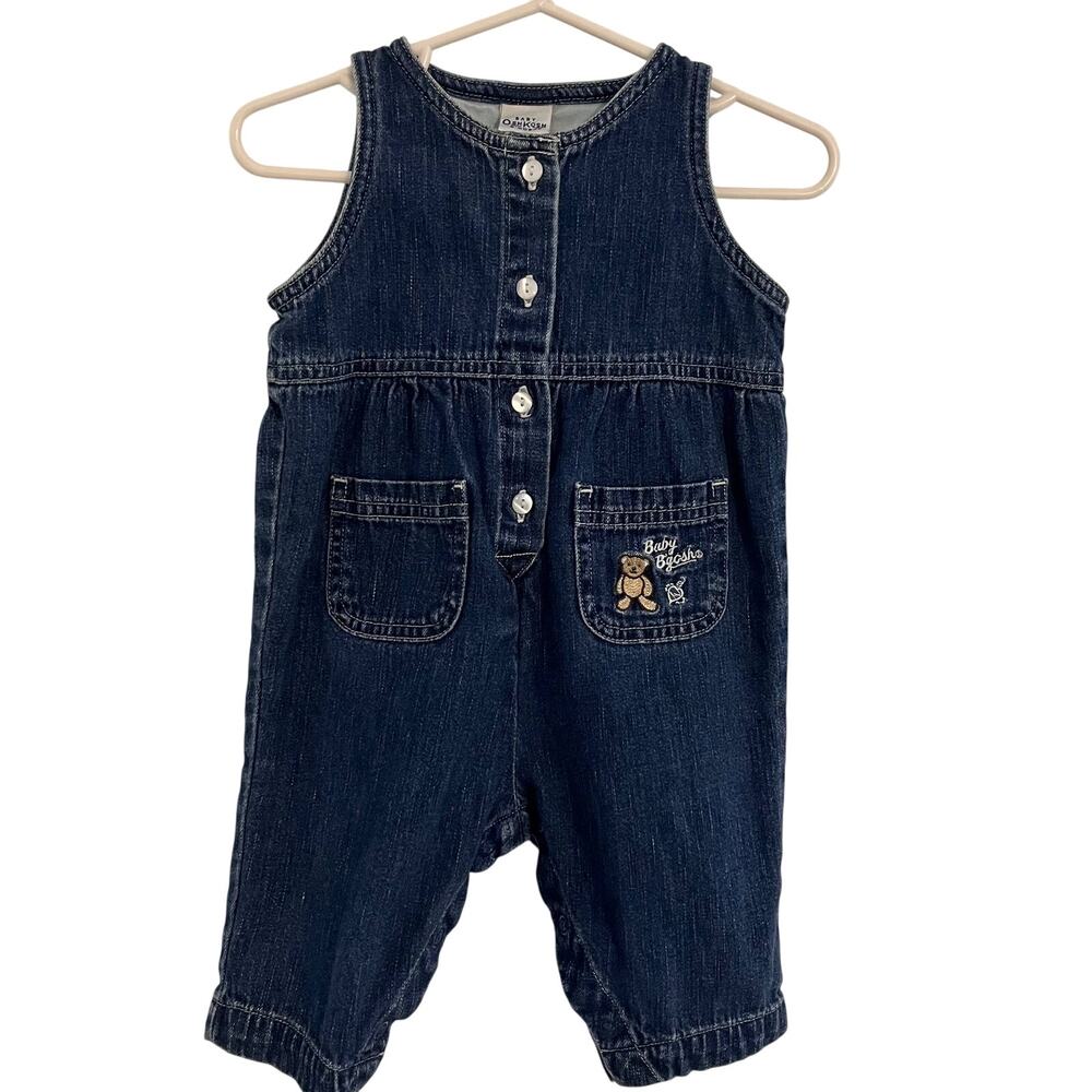 Vintage Baby OshKosh B'Gosh Blue Denim Overalls Romper Teddy Bear 3-6 Months